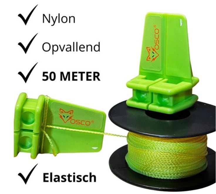 Groene OSO nylon touwrol met 50 meter elastisch, opvallend touw, geschikt voor tuin- en tuinwerktuigtoepassingen. Zichtbaar merklogo en touwstructuur op de rol.