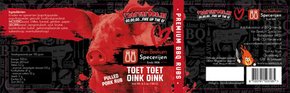 Een glazen pot met een zwarte dop, gevuld met oranje-rode BBQ-rub, van Van Beekum Specerijen. Het label toont een rood varken en de tekst 'Toet Toet Oink Oink' voor pulled pork rub.