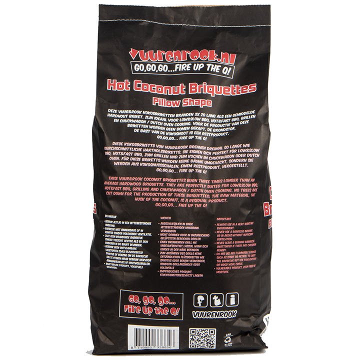 Hot Coconut Briquettes in een zwarte zak met rood-wit lettertype, pillowvormig en 10 kg, geschikt voor grillen en barbecueën met langdurige brandduur.