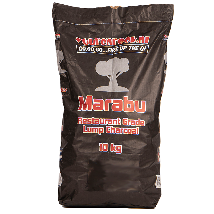 Marabu restaurantkwaliteit houtkool in een zwarte zak van 10 kg, met rode en witte tekst en een boomlogo. Geschikt voor professionele grillen en barbecueën met hoge koolkwaliteit.