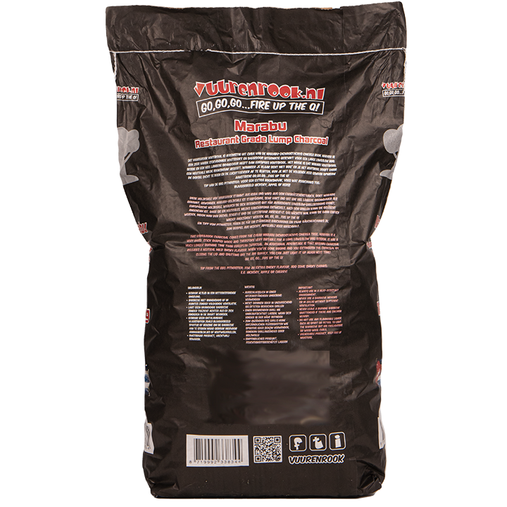Marabu restaurantkwaliteit houtkool in een zwarte zak van 10 kg, met rode en witte tekst en een boomlogo. Geschikt voor professionele grillen en barbecueën.