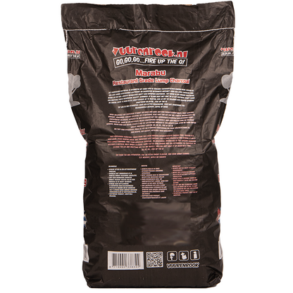 Marabu restaurantkwaliteit houtkool in een zwarte zak van 10 kg, met rode en witte tekst en een boomlogo. Geschikt voor professionele grillen en barbecueën.