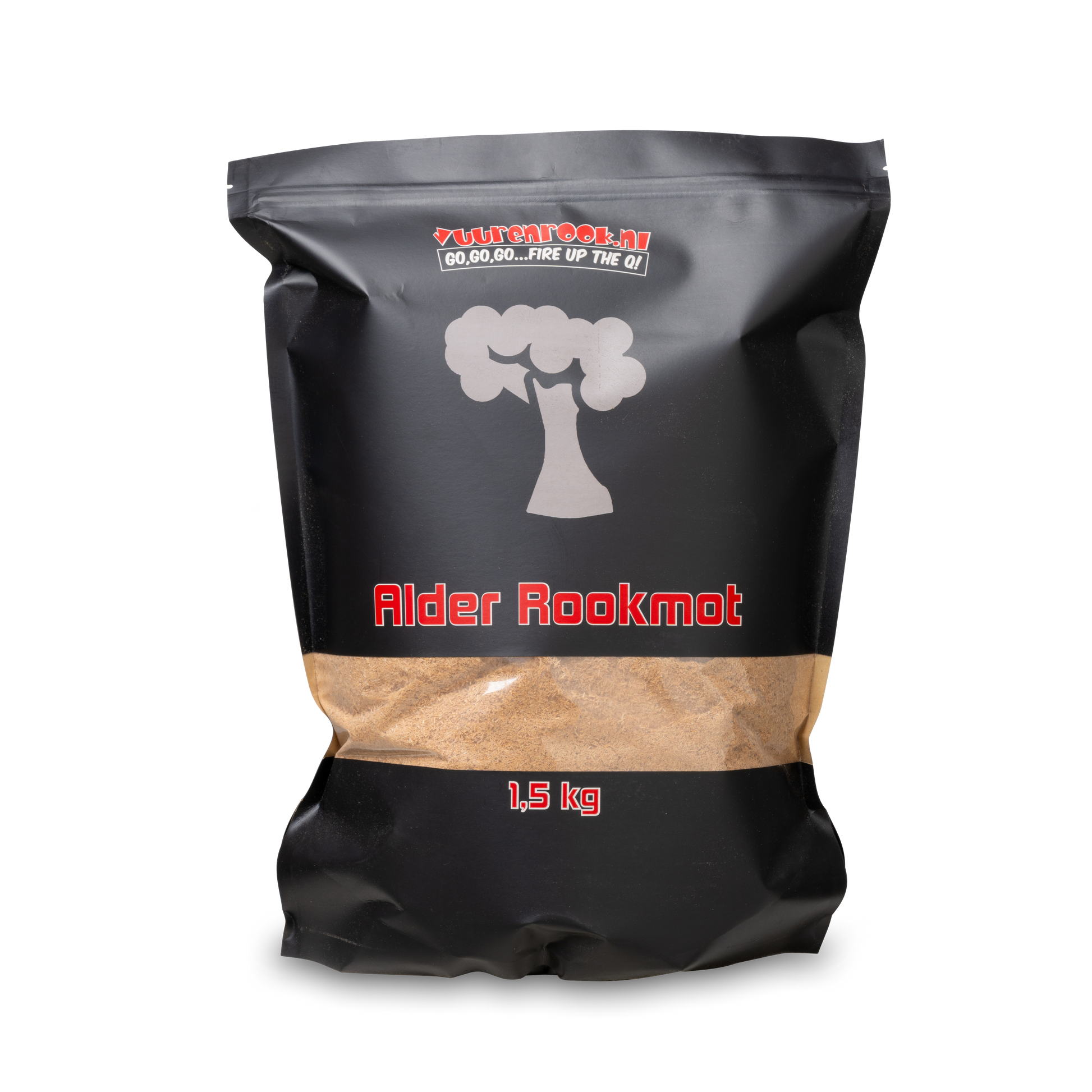 Een zwarte zak met een transparante venster, gevuld met bruin alder rookmot, voor het koken van vlees op een grill. Het product weegt 1,5 kg en is geschikt voor barbecue en rookkoken.