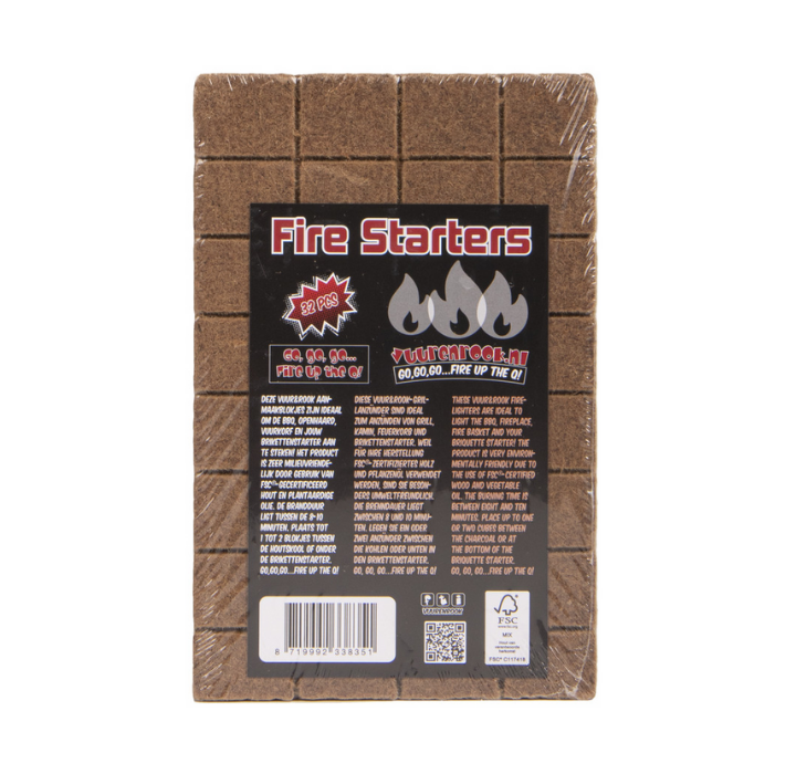 Brown, compact fire starters block with clear labeling, ideal for quick ignition of barbecues or campfires. FSC-certified wood and vegetable oil blend ensures eco-friendly, reliable lighting for outdoor cooking.