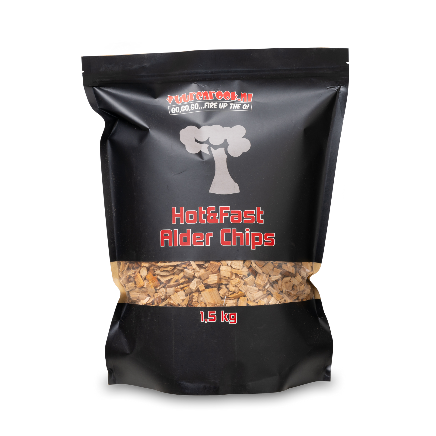 Een zwarte zak met transparante onderkant, gevuld met houtskool van alder, voor snelle en warme barbecue. Het product weegt 1,5 kg en is bedoeld voor grillen en roosteren.