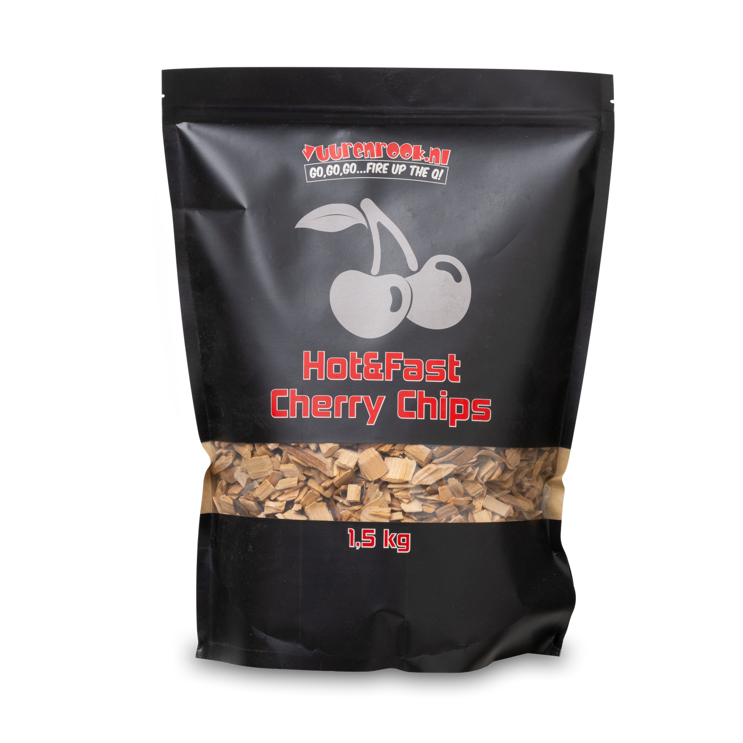 Zwarte zak met transparante onderkant, gevuld met houtskool voor barbecue. Het merk 'Vuurchroom.nl' en de tekst 'Hot&Fast Cherry Chips' zijn duidelijk zichtbaar op de verpakking.