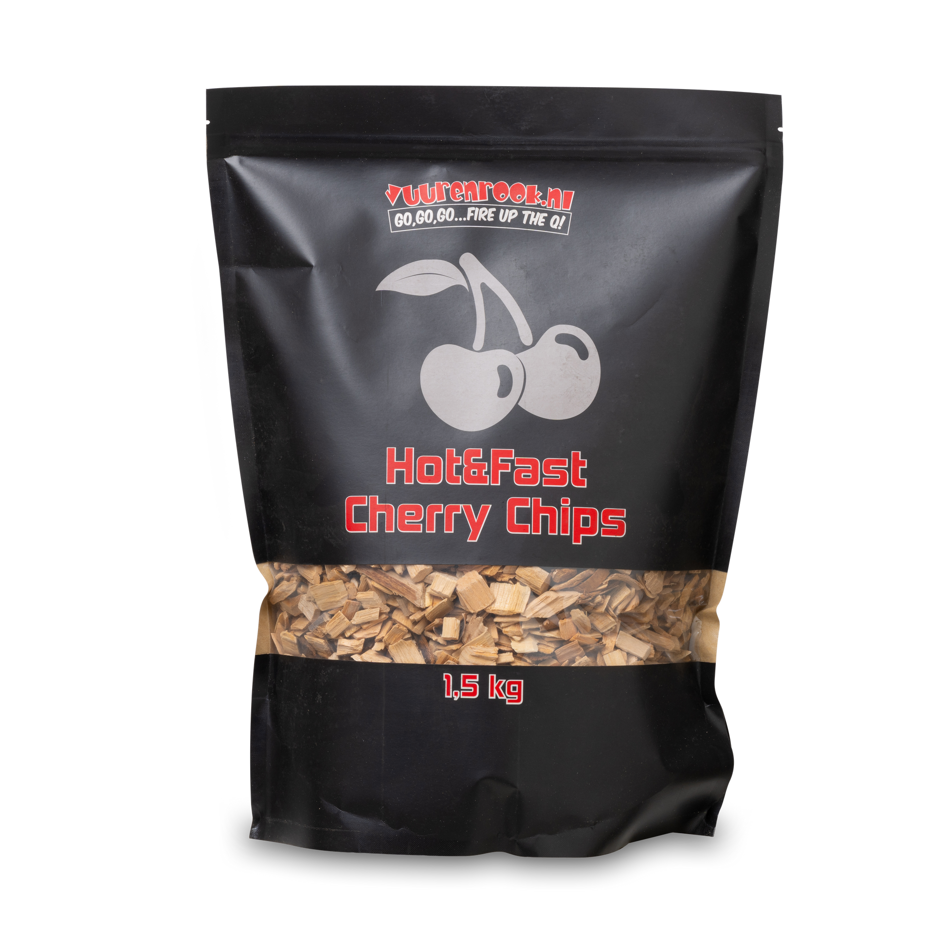 Zwarte zak met transparante onderkant, gevuld met houtskool voor barbecue. Het merk 'Vuurchroom.nl' en de tekst 'Hot&Fast Cherry Chips' zijn duidelijk zichtbaar op de verpakking.