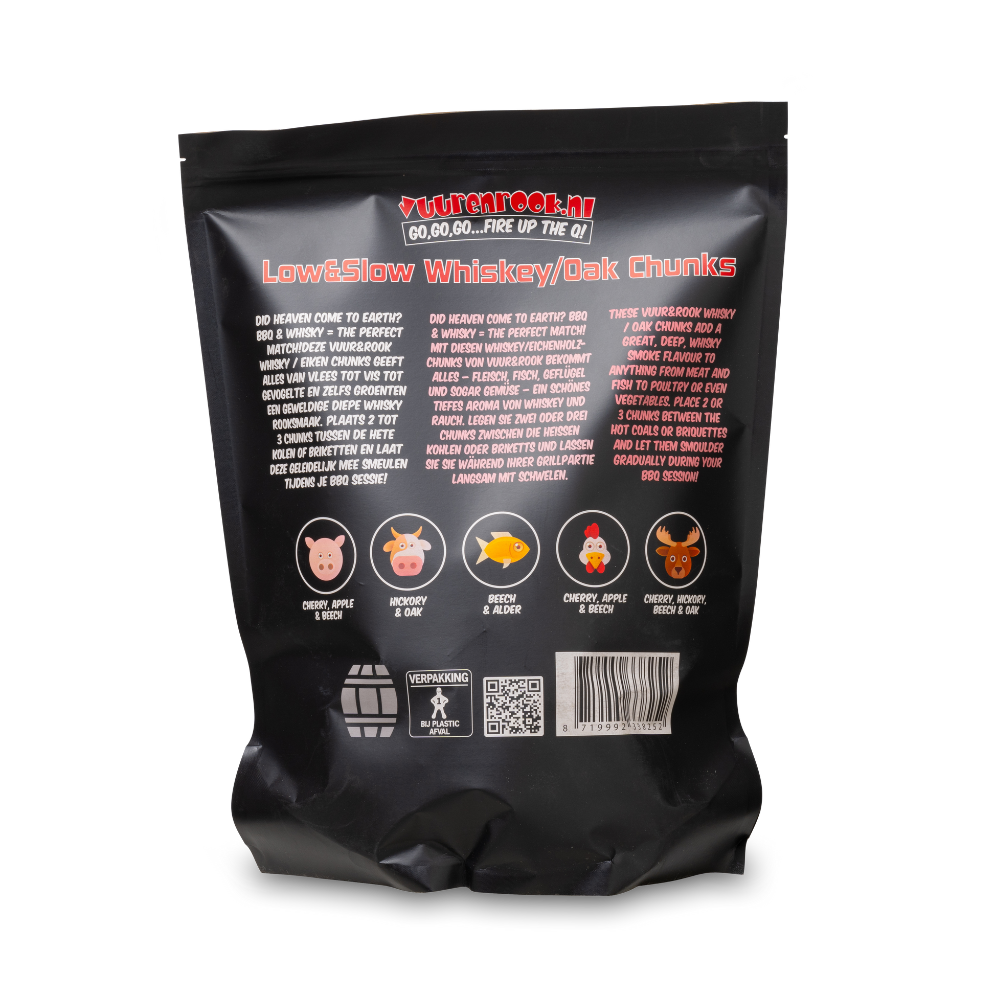 Zwarte verpakking met transparante venster van Hot&Fast rode wijn/oak chips, 1,5 kg, voor snelle en krachtige grillgeuren. Zichtbare houtsnippers en witte kruisvormige logo.