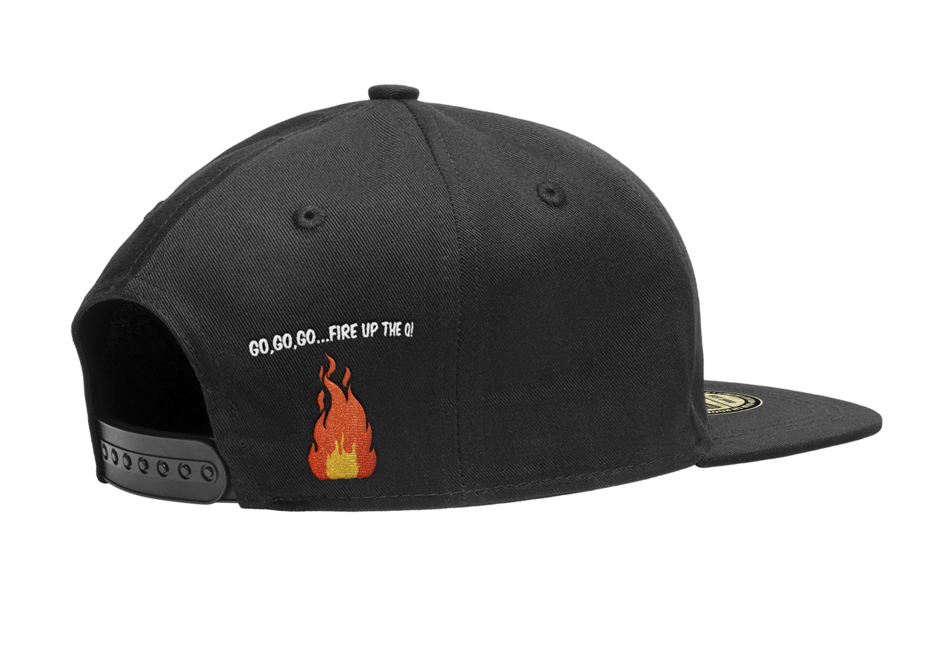 Grijs snapback cap met kleurrijke 'Vuurenrook' print en BBQ-tema, voorzien van goudkleurige limited edition badge. Perfect voor barbecue-enthusiasten en fans van Nederlandse grillcultuur.