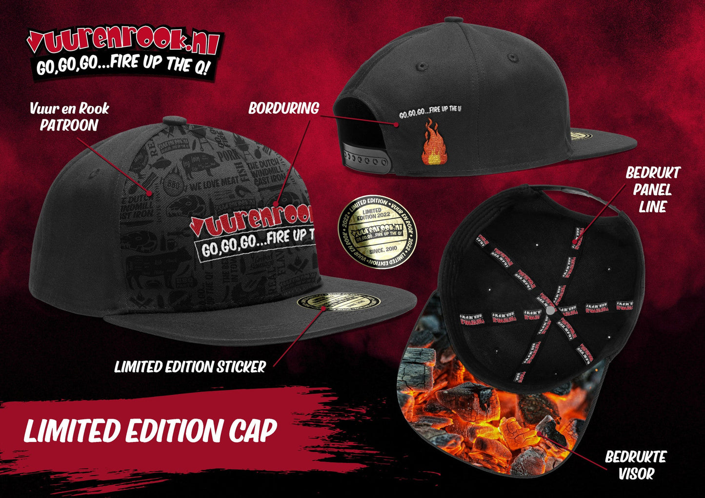 Grijs snapback hoed met kleurrijke ‘Vuurenrook’ print en BBQ-tema, voorzien van gouden limited edition badge. Perfect voor barbecue-enthusiasten en fans van Nederlandse grillcultuur.