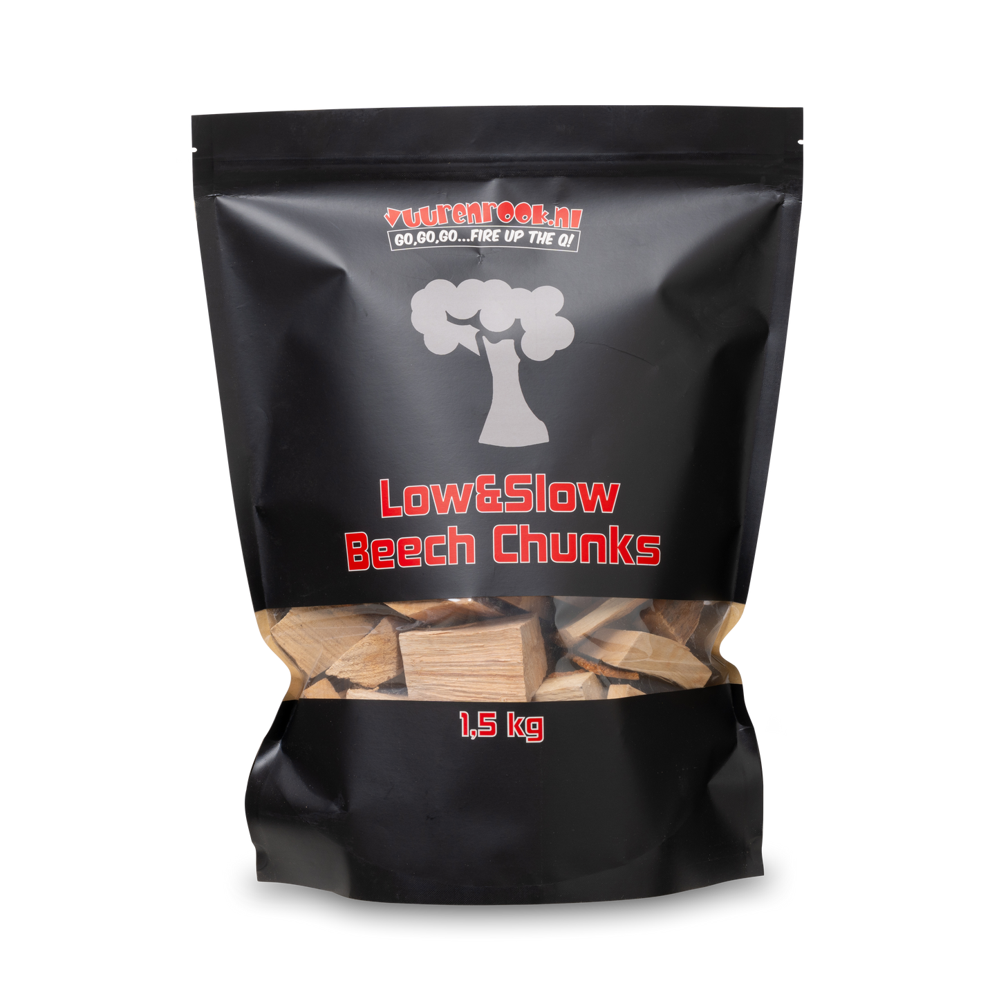 Zwarte verpakking met transparante onderkant bevat 1,5 kg beech chunks voor slow smoking. Zichtbare houtblokken met natuurlijke kleur en textuur, geschikt voor barbecue en grillen.