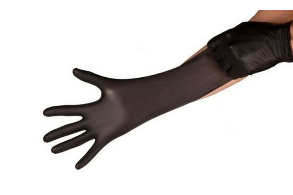 Zwart doosje met 100 beschermende nitrilhandschoenen, geschikt voor keuken- en huishoudelijke taken. CE-gekeurd, niet-steriel, multi-purpose en voedselzeker.