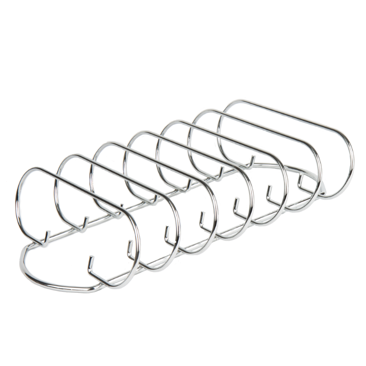 Transparante rib rack van glas met metalen constructie, geschikt voor barbecue en grill. Ideaal voor het opbergen en koken van ribben op de grill.