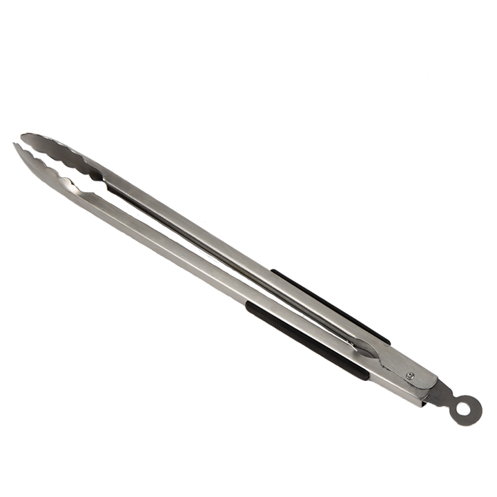Zilverkleurige roestvrijstalen BBQ-tongs in zwarte verpakking, met een handige hanger en scherpe grepen voor veilig vlees hanteren op de grill. Geschikt voor barbecue- en grilltoepassingen.