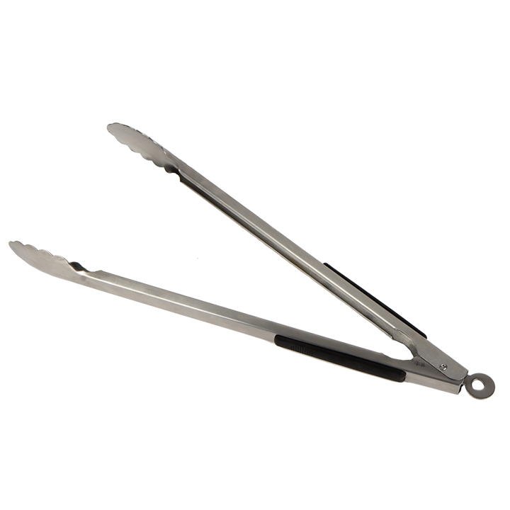 Zilverkleurige roestvrijstalen BBQ-tongs in transparante verpakking, met een zwarte label achtergrond en duidelijke producttekst. Geschikt voor grillen en barbecueën, met een handige handgreep voor gemakkelijke hantering.