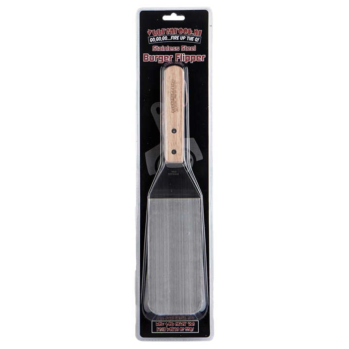 Stainless steel burger flipper met houten handvat, verpakt in zwarte blister. Geschikt voor grillen en koken, met gladde, reflecterende steelplaat voor eenvoudige omkeer van hamburgers.