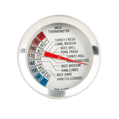 Zilverkleurige vlees thermometer van roestvrij staal, met duidelijke schaal en afgeronde handgreep, verpakt in zwarte blister met merknaam. Geschikt voor grillen en koken, met visuele temperatuurindicatie.