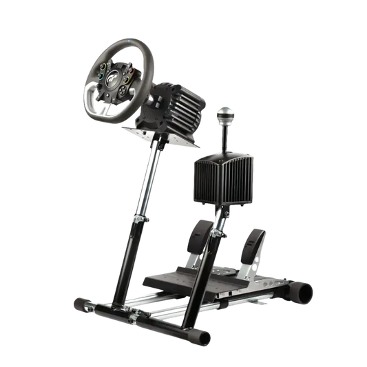 Zwart racingstuur met kleurrijke knoppen en metalen stuurstandaard, geïntegreerd met pedalen en motor voor realistische simulatie. Ideaal voor racegame-ervaringen en professionele simulaties.