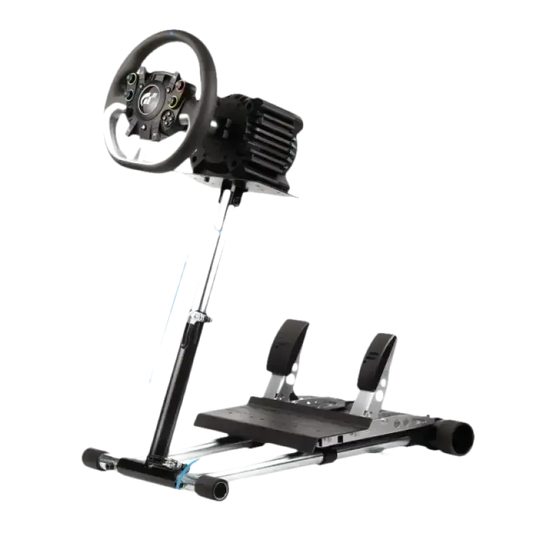 Zwart racingstuur met kleurrijke knoppen en metalen stuurstandaard, geïntegreerd met een pedaalset voor realistische simulatie. Geschikt voor racegames en gaming-enthusiasten op zoek naar een gedetailleerde stuur- en pedaalervaring.