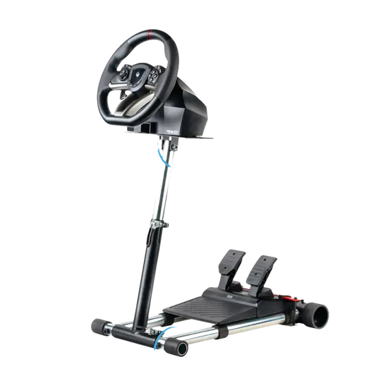Zwart stuurwiel met realistische knoppen en pedalen voor realistische racegame-ervaring. Metalen constructie met verstelbare standaard voor gaming-gebruik.
