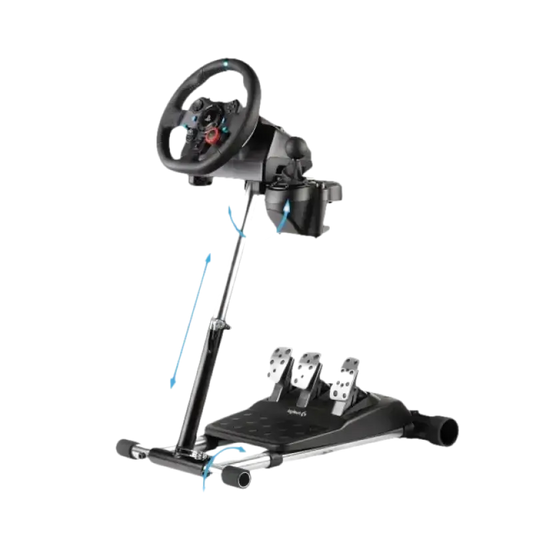Zwart stuurwiel met ingebouwde knoppen en handgrepen, geïntegreerd met een pedaalset voor realistische racegame-ervaring. Geschikt voor PC en console, met verstelbare standaard voor comfortabele gaming.