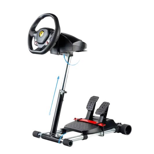 Een zwarte Ferrari-stuurwiel met geïntegreerde knoppen en een bijpassende pedaalset voor racegames. Het setje is gemaakt van kunststof en metalen onderdelen, ideaal voor realistische simulatie.
