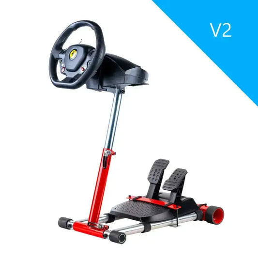 Rood en zwart stuurwiel met Ferrari-logo op een verstelbare standaard voor race-game. Met 360° draai- en 180° hoogteverstelling voor optimale gaming-ervaring.