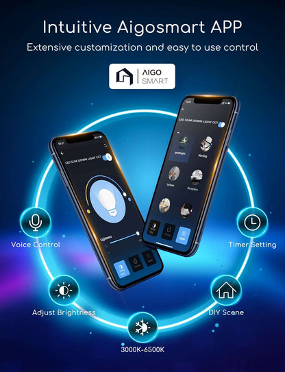 Een witte, ronde LED-plafondlamp met warm wit licht, uitgerust met een app-afstandsbediening. Geschikt voor moderne interieurs en smart home-systemen.
