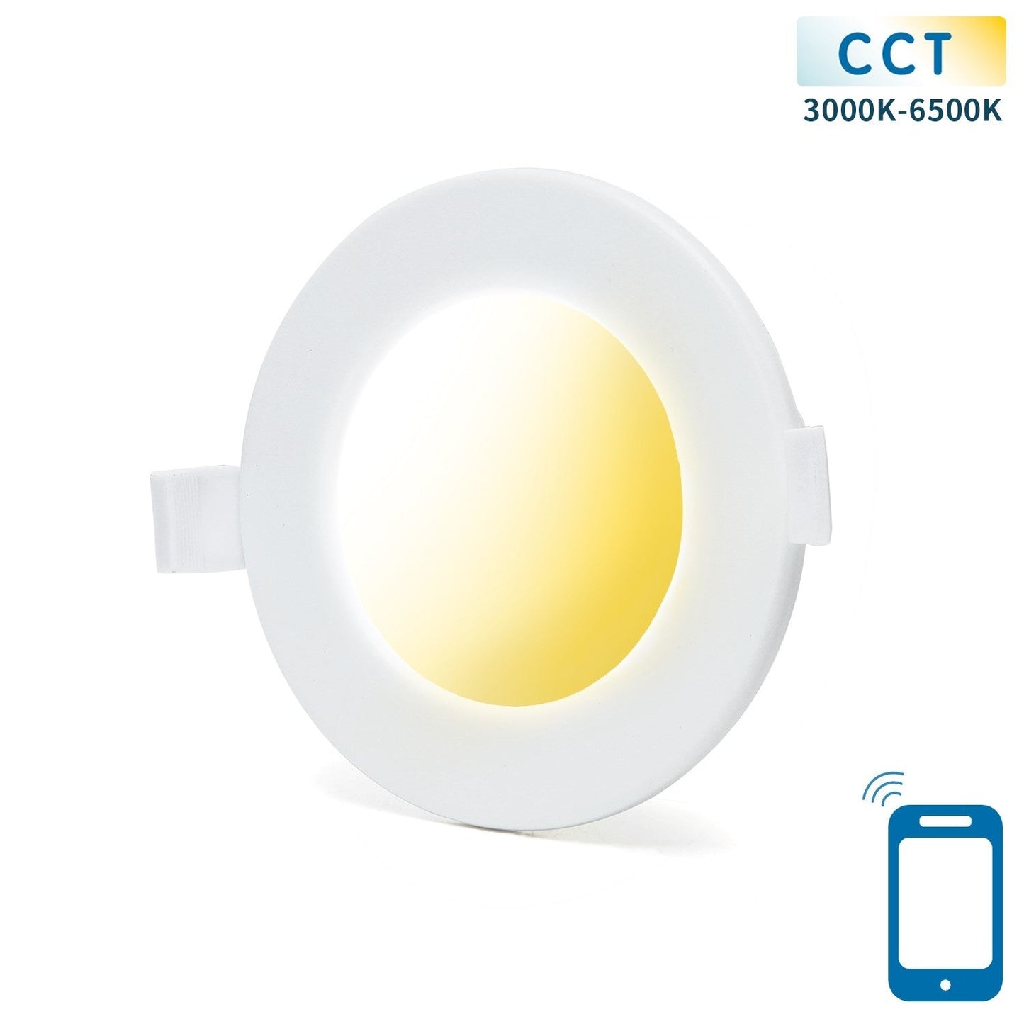 Een witte, ronde inbouwspot met warm wit licht, uitgerust met een apparaat voor smartphonebediening. Geschikt voor moderne interieurs en smart home-gebruik.