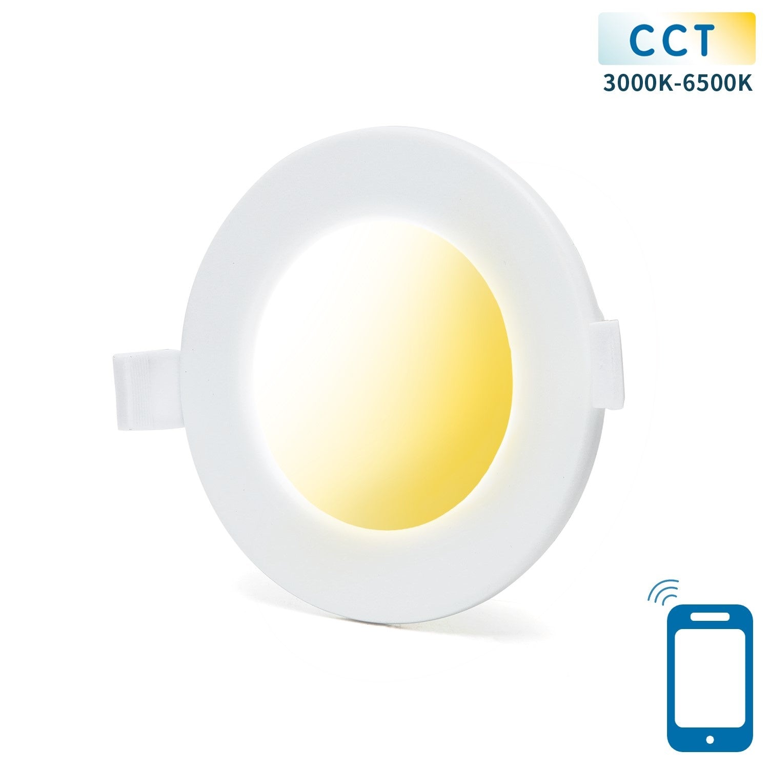 Een witte, ronde inbouwspot met warm wit licht, uitgerust met een apparaat voor smartphonebediening. Geschikt voor moderne interieurs en smart home-gebruik.