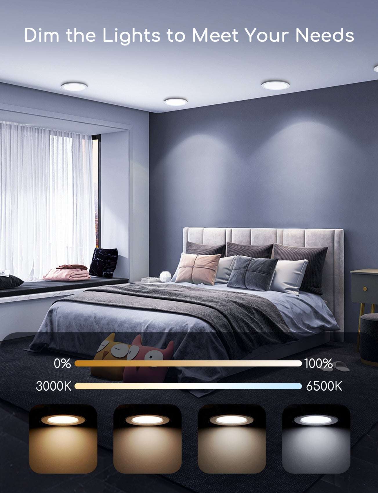 Een witte, ronde inbouwspot met warm wit licht, uitgerust met een apparaat voor smartphonebediening en een CCT-regeling van 3000K tot 6500K voor flexibele verlichting.