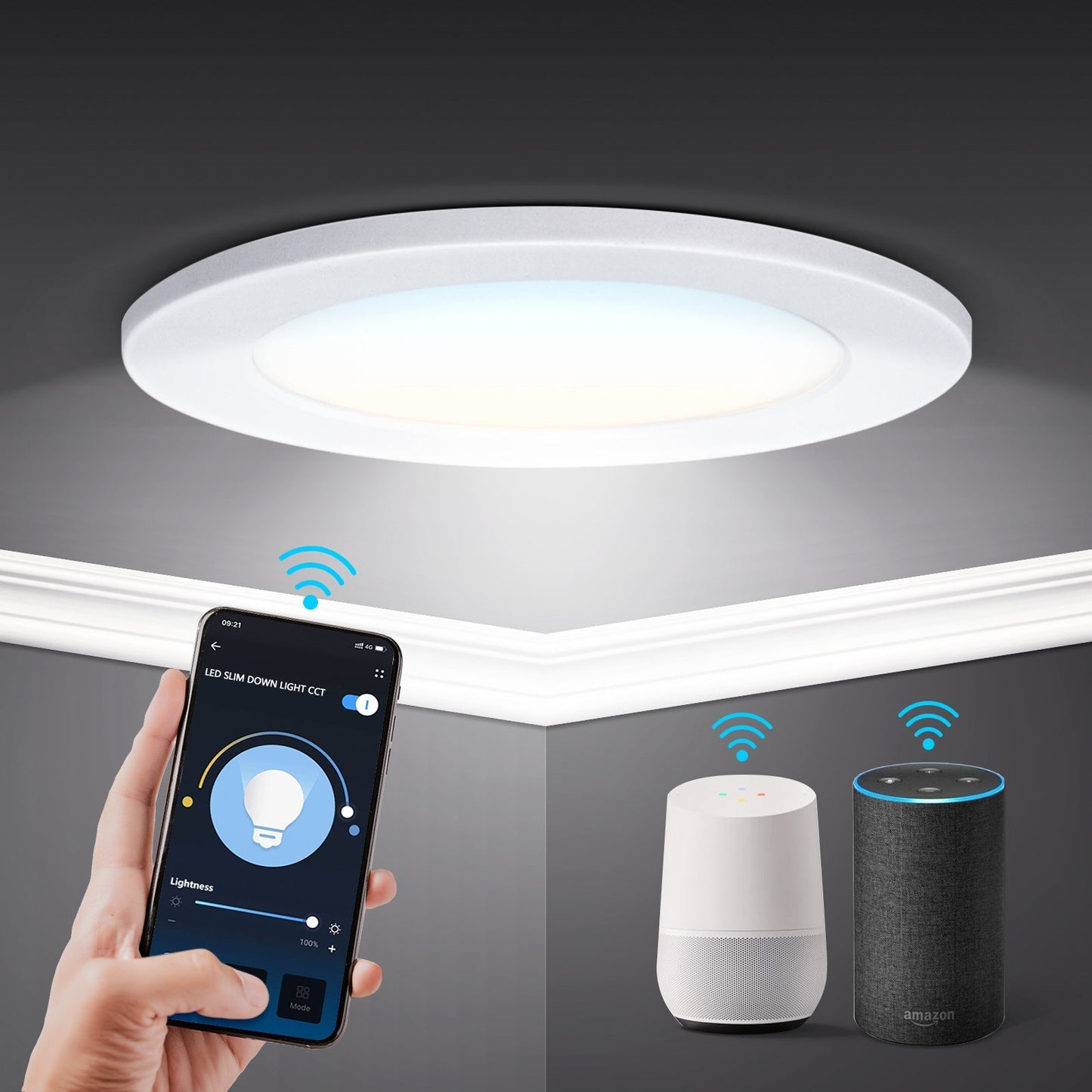 Een witte, ronde inbouwspot met warm wit licht, uitgerust met een draadloze smartphone-app voor verlichtingscontrole. Geschikt voor moderne interieurs en smart home systemen.
