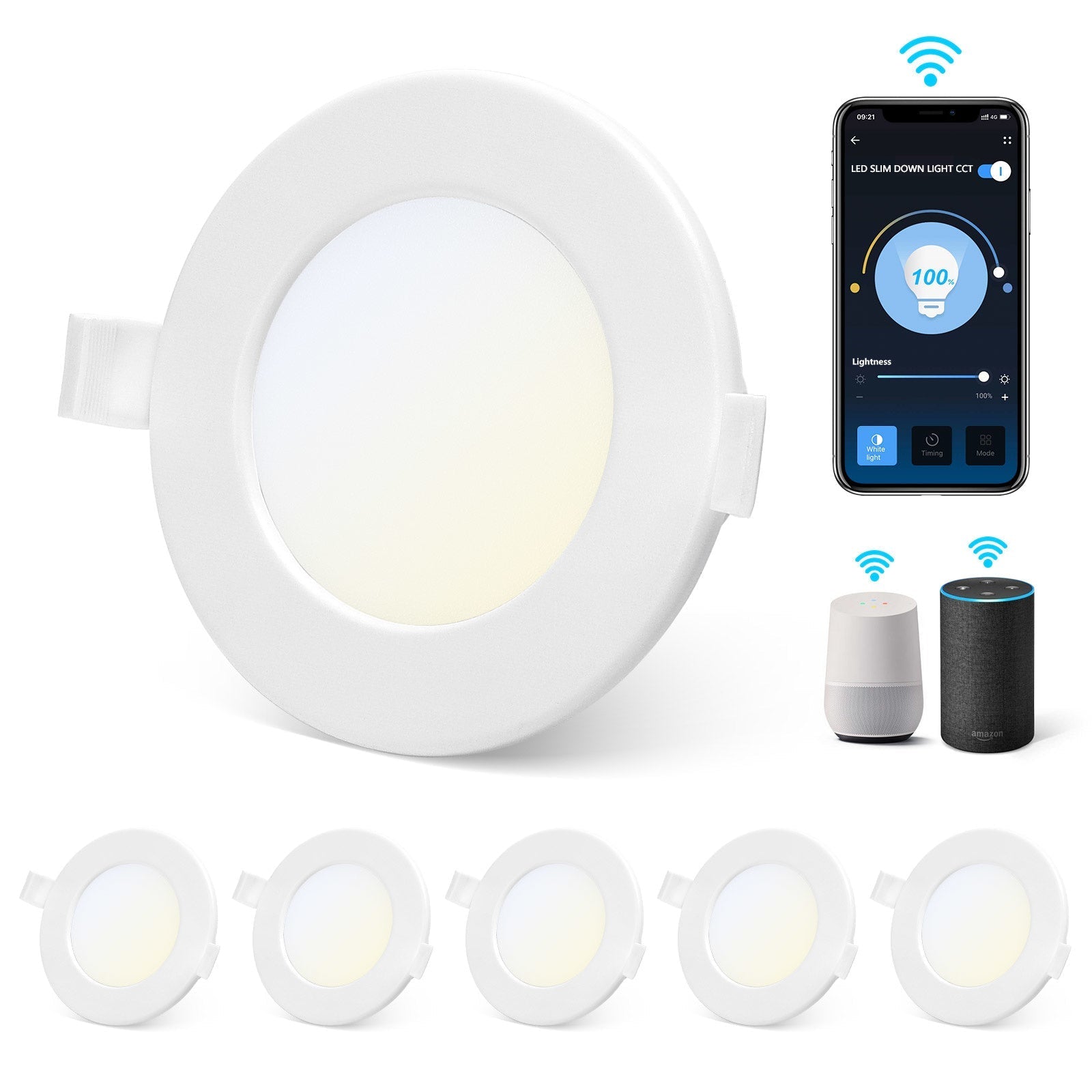 Een witte, ronde inbouwspot met warm wit licht, voorzien van een draadloze smartphone-app controle. Geschikt voor moderne interieurs met flexibele verlichting.