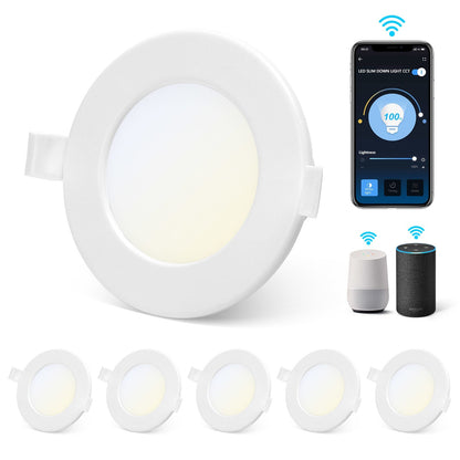 Een witte, ronde inbouwspot met warm wit licht, voorzien van een draadloze smartphone-app controle. Geschikt voor moderne interieurs met flexibele verlichting.