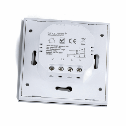 Een witte, glazen touch switch met twee ronde bedieningsknoppen, ontworpen voor slimme verlichting. Geschikt voor moderne interieurs en draadloze app-gecontroleerde systemen.