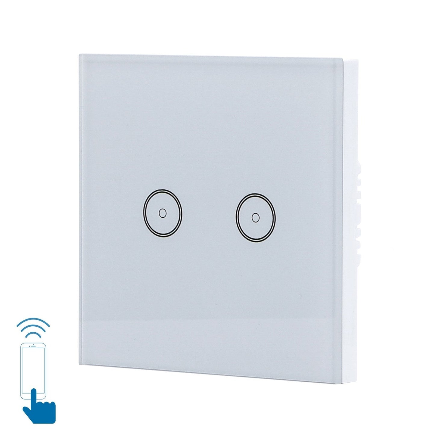 Een witte, glazen touch switch met twee ronde bedieningsknoppen, geschikt voor slimme huishoudens. Geïntegreerd met WiFi-apparaat voor afstandsbediening via smartphone.