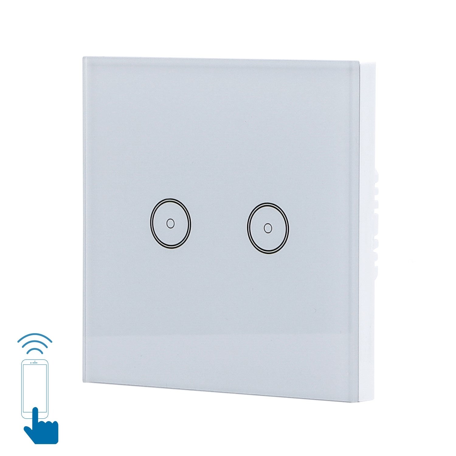 Een witte, glazen touch switch met twee ronde bedieningsknoppen, geschikt voor slimme huishoudens. Geïntegreerd met WiFi-apparaat voor afstandsbediening via smartphone.