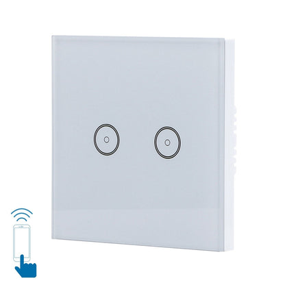 Een witte, glazen touch switch met twee ronde bedieningsknoppen, geschikt voor slimme huishoudens. Geïntegreerd met WiFi-apparaat voor afstandsbediening via smartphone.
