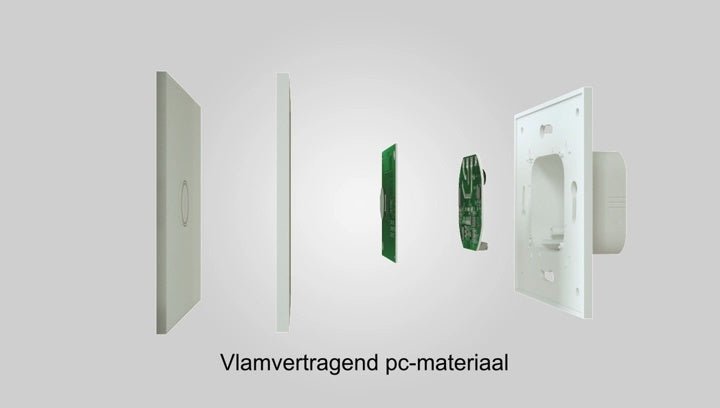 Een witte, glazen touch switch met twee ronde bedieningsknoppen, ontworpen voor slimme huishoudelijke verlichting. Geïntegreerd met mobiele app controle voor moderne, draadloze bediening.