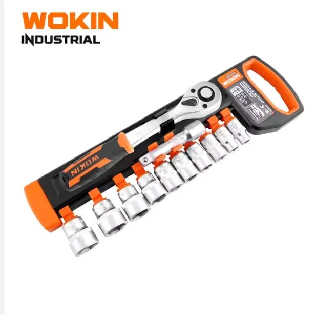Wokin industriële schroevendraaier met zilveren kop en oranje handvat, inclusief acht zilveren socketjes. Geschikt voor professioneel gebruik in de garage of werkplaats.