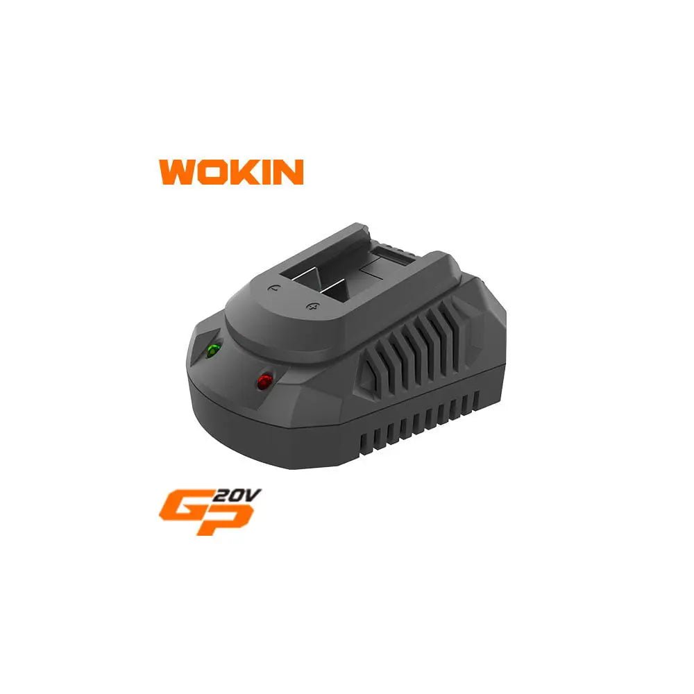 Grijs WOKIN 20V batterijlader met rode en groene LED-indicatoren, geschikt voor draadloze tuinmachines. Compacte lader met ventilatiegaten voor efficiënte oplading van accu’s.