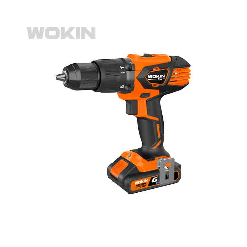 De WOKIN 20V draadloze schroefboor in oranje en zwart, uitgerust met lithium-technologie en twee 2,0Ah accu’s, geschikt voor professioneel en thuisgebruik.