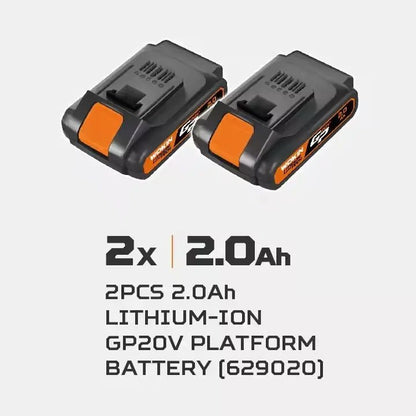 De WOKIN 20V draadloze boormachine in oranje en zwart, uitgerust met lithium-technologie en twee 2,0Ah accu’s, geschikt voor professioneel en thuisgebruik.