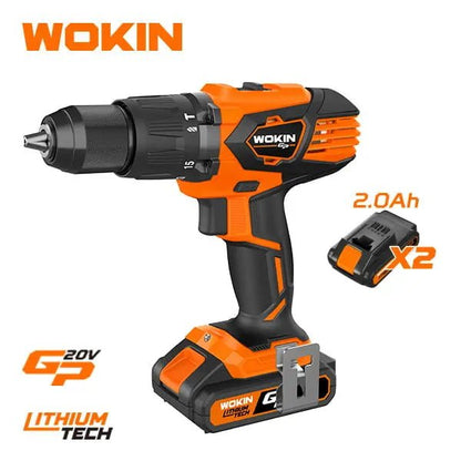 De WOKIN 20V draadloze boormachine in oranje en zwart, uitgerust met lithium-batterijen van 2,0Ah. Ideaal voor thuis- en professioneel gebruik in de bouw of reparatie.