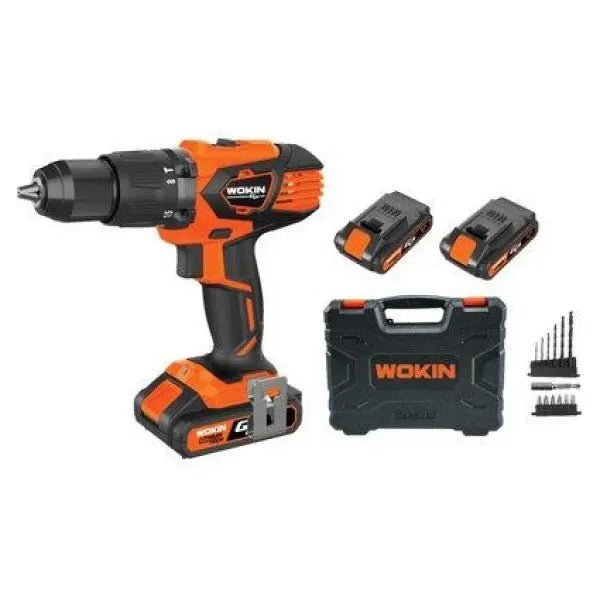 De WOKIN 20V draadloze boormachine in oranje en zwart, uitgerust met lithium-technologie en twee 2,0Ah accu’s, geschikt voor professioneel en thuisgebruik.