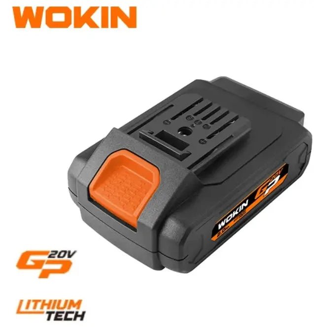 Wokin 20V lithium accu met oranje bedieningsknop en zwart kunststof behuizing, geschikt voor draadloze boormachines en andere elektrische gereedschappen.