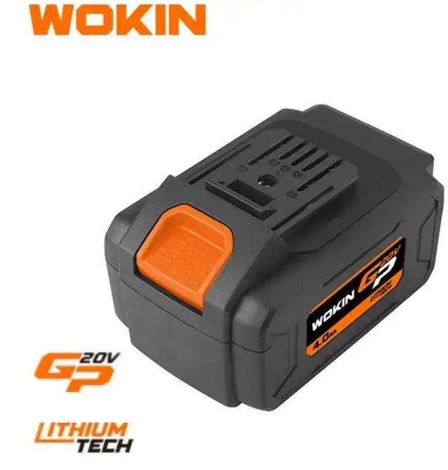 Zwart lithium-ion accu van WOKIN met opvallende oranje details, geschikt voor 20V gereedschap. Accu heeft duidelijke aanduidingen en is bedoeld voor professioneel gebruik.