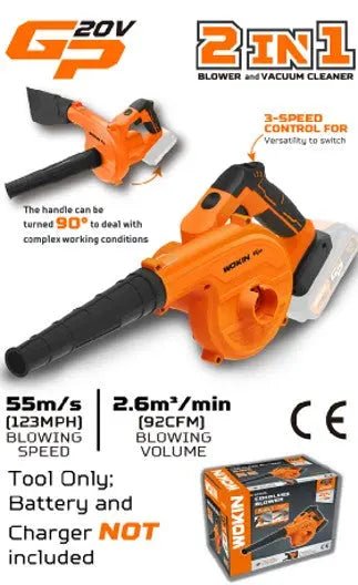 De WOKIN 20V bladblazer in levendig oranje met zwarte handgreep en lichtgekleurde batterij, geschikt voor tuin- en dakruimte reiniging. Lithium-technologie zorgt voor krachtige, duurzame prestaties.