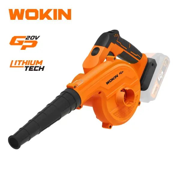 Oranje Wokin 20V bladblazer met lithium accu, uitgerust met zwarte handgreep en uitblaaspijp. Geschikt voor tuin- en dakruimte schoonmaken.