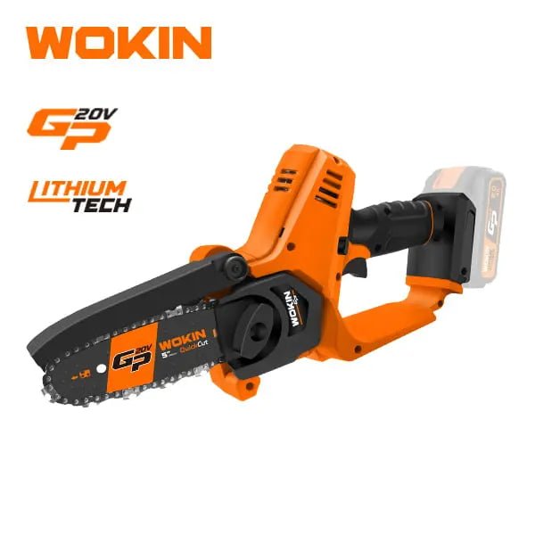 De Wokin 20V lithium-accu kettingzaag in levendig oranje en zwart, met zichtbare ketting en accu. Geschikt voor houtbewerking en tuinwerkzaamheden.